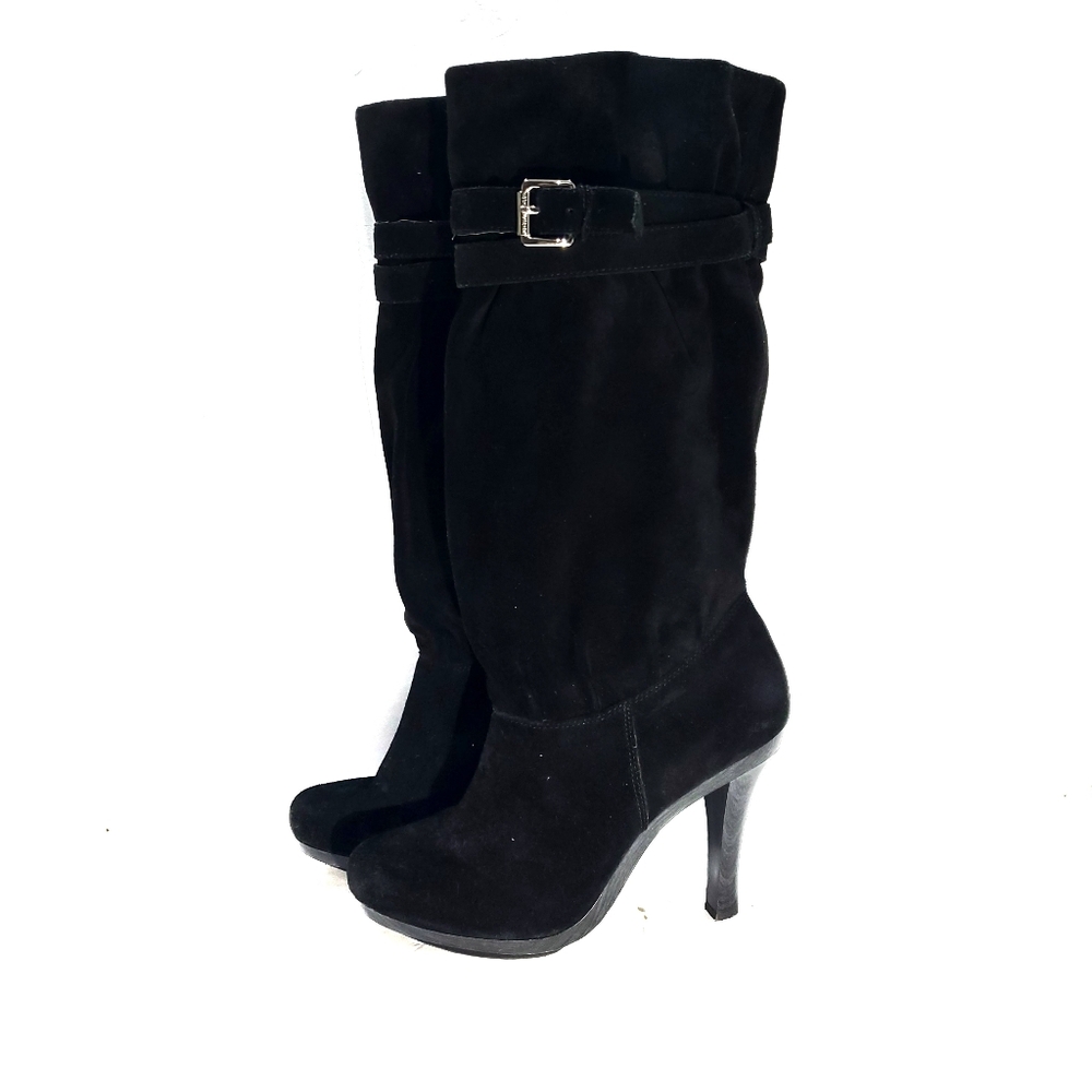 Sexy Michael Kors MK Slouchy Boots Heeled Black Suede Leather Buckle